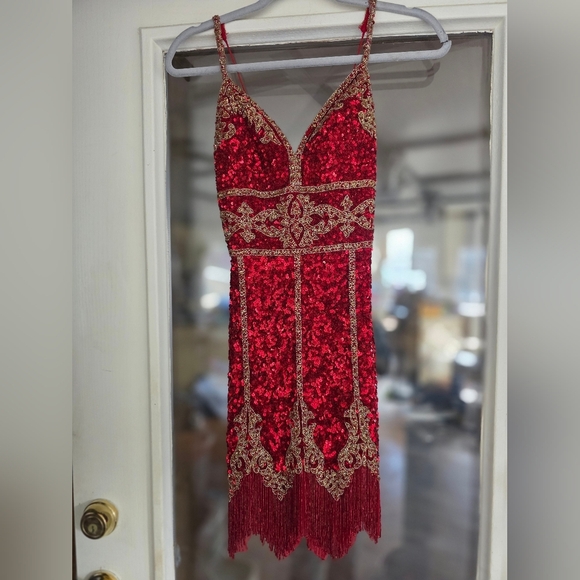Euc Sherri Hill Red Gold Sequin Beaded Lace Up Fringe Dress Sz 0 Prom  Homecoming